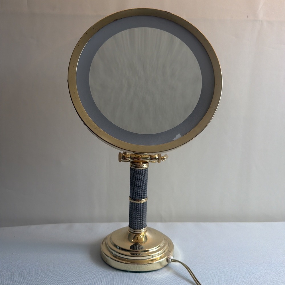 Brass Lighted Magnifying Makeup Vanity Mirror Heavy 14" Hollywood VTG Adjustible